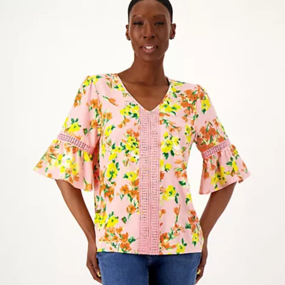 Isaac Mizrahi Live Floral Print Stretch Crepe 3/4 Ruffle Sleeve V-Neck Blouse